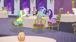 Size: 1600x900 | Tagged: safe, screencap, character:lemon hearts, character:minuette, character:moondancer, character:spike, character:starlight glimmer, character:twilight sparkle, character:twilight sparkle (alicorn), character:twinkleshine, species:alicorn, species:dragon, species:pony, species:unicorn, episode:amending fences, g4, my little pony: friendship is magic, background pony, canterlot five, dainty dove, dane tee dove, female, fine print (character), male, mare, restaurant, s5 starlight, sitting, stallion, starlight stalker