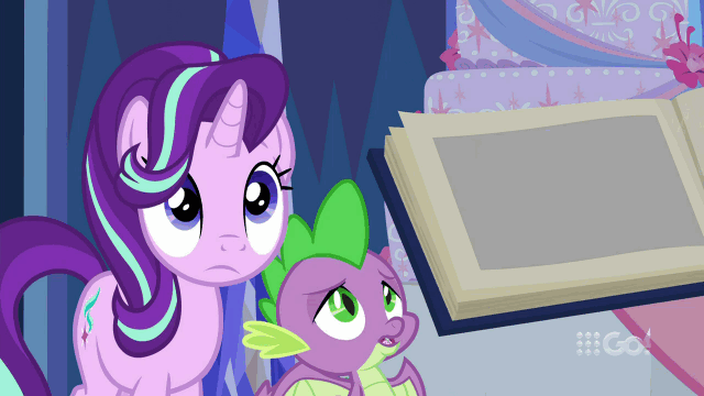 Size: 640x360 | Tagged: safe, screencap, character:pinkie pie, character:spike, character:starlight glimmer, character:twilight sparkle, character:twilight sparkle (alicorn), species:alicorn, species:dragon, species:earth pony, species:pony, species:unicorn, episode:cakes for the memories, animated, book, cake, female, food, looking at each other, magic, male, mare, sleeping, tired, twilight's castle, winged spike