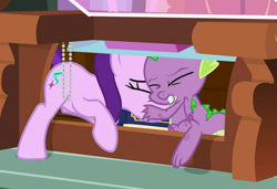 Size: 727x497 | Tagged: safe, screencap, character:spike, character:starlight glimmer, species:dragon, species:pony, species:unicorn, episode:cakes for the memories, animation error, cropped, duo, eyes closed, female, gritted teeth, male, mare, winged spike
