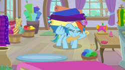 Size: 1920x1080 | Tagged: safe, screencap, character:rainbow dash, species:pegasus, species:pony, episode:dragon dropped, g4, my little pony: friendship is magic, carrying, fabric, female, knitting needles, mare, sewing machine, solo, wing hands, wings, wool ball