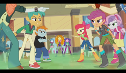Size: 1482x857 | Tagged: safe, screencap, character:adagio dazzle, character:apple bloom, character:aria blaze, character:scootaloo, character:scott green, character:snails, character:snips, character:sonata dusk, character:sweetie belle, species:pegasus, species:pony, equestria girls:rainbow rocks, g4, my little pony:equestria girls, angry, apple bloom's bow, boots, bow, cafeteria, clothing, cutie mark crusaders, hair bow, hoodie, jeans, pants, pointing, scott green, shirt, shoes, shorts, skirt, the dazzlings, valhallen