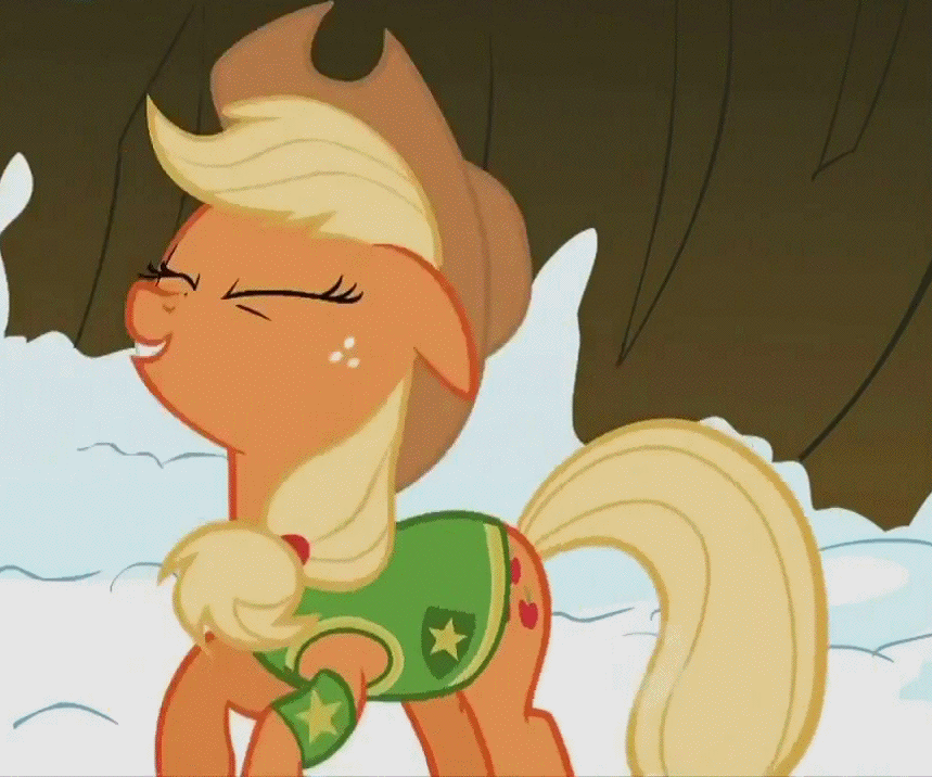 Size: 859x716 | Tagged: safe, screencap, character:applejack, episode:winter wrap up, g4, my little pony: friendship is magic, animated, armband, clothing, cropped, hoofy-kicks, rearing, solo, vest, winter wrap up vest