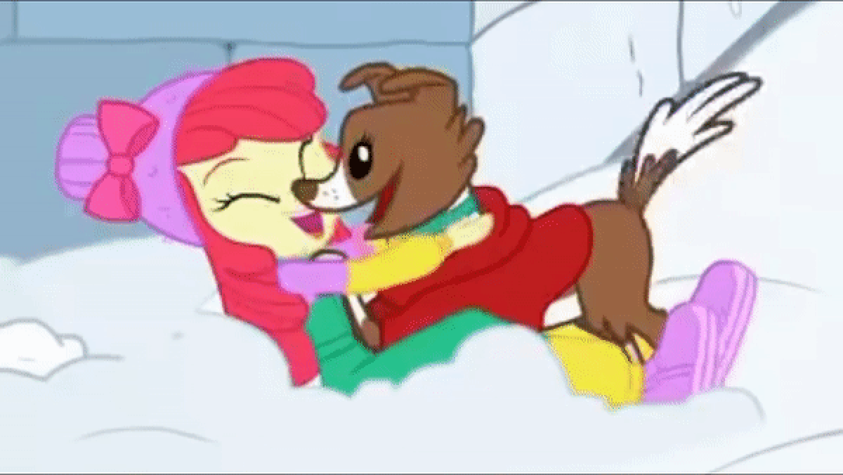 Size: 1200x676 | Tagged: safe, screencap, character:apple bloom, character:winona, equestria girls:holidays unwrapped, g4, my little pony:equestria girls, adorabloom, animated, apple bloom's bow, bow, clothing, cute, face licking, gif, hair bow, hat, licking, saving pinkie's pie, shoes, smiling, snow, tail wag, tongue out, winter outfit