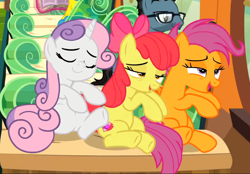 Size: 844x589 | Tagged: safe, screencap, character:apple bloom, character:scootaloo, character:sweetie belle, species:earth pony, species:pegasus, species:pony, species:unicorn, episode:growing up is hard to do, g4, my little pony: friendship is magic, bedroom eyes, cropped, cutie mark, cutie mark crusaders, eyes closed, friendship express, lidded eyes, older, older apple bloom, older cmc, older scootaloo, older sweetie belle, sitting, smiling, the cmc's cutie marks, train, trio