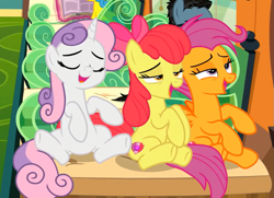 Size: 845x611 | Tagged: safe, screencap, character:apple bloom, character:scootaloo, character:sweetie belle, species:earth pony, species:pegasus, species:pony, species:unicorn, episode:growing up is hard to do, g4, my little pony: friendship is magic, bedroom eyes, cropped, cutie mark, cutie mark crusaders, eyes closed, friendship express, lidded eyes, older, older apple bloom, older cmc, older scootaloo, older sweetie belle, open mouth, sitting, the cmc's cutie marks, train, trio