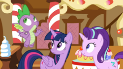 Size: 1600x900 | Tagged: safe, screencap, character:spike, character:starlight glimmer, character:twilight sparkle, character:twilight sparkle (alicorn), species:alicorn, species:dragon, species:pony, episode:cakes for the memories, flying, subtle as a train wreck, sugarcube corner, watermark, winged spike
