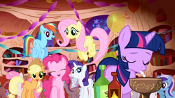 Size: 1280x720 | Tagged: safe, screencap, character:applejack, character:derpy hooves, character:fluttershy, character:minuette, character:pinkie pie, character:rainbow dash, character:rarity, character:twilight sparkle, species:pegasus, species:pony, episode:friendship is magic, g4, my little pony: friendship is magic, drink, female, golden oaks library, hot sauce, mane six, mare, party
