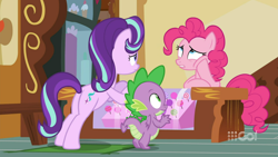 Size: 1600x900 | Tagged: safe, screencap, character:pinkie pie, character:spike, character:starlight glimmer, species:dragon, episode:cakes for the memories, display case, hoof on face, sugarcube corner, winged spike, worried