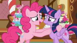Size: 1600x900 | Tagged: safe, screencap, character:pinkie pie, character:twilight sparkle, character:twilight sparkle (alicorn), species:alicorn, species:pony, episode:cakes for the memories, bipedal, cake, food, happy, holding a pony, hoof on chest, smiling, sugarcube corner, watermark