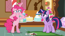 Size: 1600x900 | Tagged: safe, screencap, character:pinkie pie, character:twilight sparkle, character:twilight sparkle (alicorn), species:alicorn, species:pony, episode:cakes for the memories, bipedal, broken, cake, faec, food, mess, plate, rug, shattered, standing, sugarcube corner, table, watermark, worried