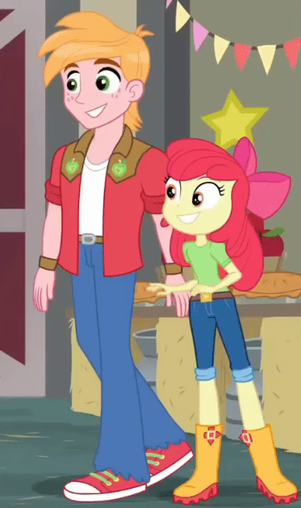 Size: 1000x1685 | Tagged: safe, screencap, character:apple bloom, character:big mcintosh, equestria girls:holidays unwrapped, g4, my little pony:equestria girls, adorabloom, animated, apple, apple bloom's bow, barn, boots, bow, brother and sister, clothing, cropped, cute, duo, female, food, gif, hair bow, hug, jeans, macabetes, male, pants, shirt, shoes, siblings, the cider louse fools