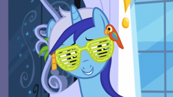 Size: 1920x1080 | Tagged: safe, screencap, character:minuette, species:pony, species:unicorn, episode:amending fences, g4, my little pony: friendship is magic, cute, female, glasses, mare, minubetes, shutter shades, smiling, solo, sunglasses