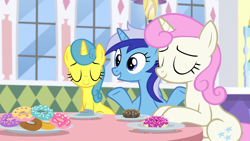 Size: 1920x1080 | Tagged: safe, screencap, character:lemon hearts, character:minuette, character:twinkleshine, species:pony, species:unicorn, episode:amending fences, g4, my little pony: friendship is magic, donut, female, food, mare, trio
