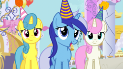 Size: 1920x1080 | Tagged: safe, screencap, character:lemon hearts, character:minuette, character:twinkleshine, species:pony, species:unicorn, episode:amending fences, g4, my little pony: friendship is magic, clothing, female, hat, mare, party hat, trio
