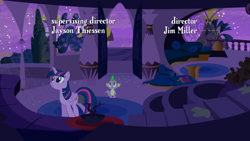 Size: 1920x1080 | Tagged: safe, screencap, character:spike, character:twilight sparkle, character:twilight sparkle (alicorn), species:alicorn, species:dragon, species:pony, episode:amending fences, g4, my little pony: friendship is magic, duo, female, male, mare, night, opening credits, twilight's canterlot home