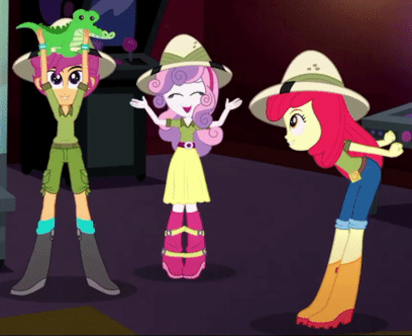 Size: 850x692 | Tagged: safe, screencap, character:apple bloom, character:gummy, character:scootaloo, character:sweetie belle, species:pegasus, species:pony, episode:the canterlot movie club, eqg summertime shorts, g4, my little pony:equestria girls, animated, arcade game, belt, boots, clothing, cropped, cutie mark crusaders, gif, happy, hat, jeans, jumping, lifting, pants, plushie, shoes, shorts, skirt, smiling