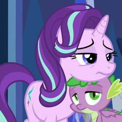 Size: 663x662 | Tagged: safe, screencap, character:spike, character:starlight glimmer, species:dragon, species:pony, species:unicorn, episode:cakes for the memories, cropped, cute, dawwww, female, glimmerbetes, hnnng, male, mare, sleepy, spikabetes, tired, twilight's castle, winged spike