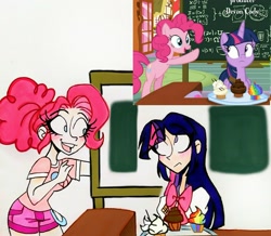 Size: 2453x2139 | Tagged: safe, artist:citi, screencap, character:pinkie pie, character:twilight sparkle, character:twilight sparkle (alicorn), species:alicorn, species:earth pony, species:human, species:pony, episode:cakes for the memories, bipedal, cupcake, food, humanized, rainbow cupcake, scene interpretation, screencap reference, traditional art