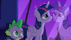 Size: 1920x1080 | Tagged: safe, screencap, character:spike, character:twilight sparkle, character:twilight sparkle (alicorn), species:alicorn, species:dragon, species:pony, episode:amending fences, g4, my little pony: friendship is magic, confident, looking up, reflection, smiling, twilight's canterlot home, window