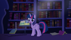 Size: 1920x1080 | Tagged: safe, screencap, character:twilight sparkle, character:twilight sparkle (alicorn), species:alicorn, species:pony, episode:amending fences, g4, my little pony: friendship is magic, book, bookshelf, predictions and prophecies, twilight's canterlot home