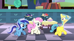 Size: 1920x1080 | Tagged: safe, screencap, character:lemon hearts, character:minuette, character:moondancer, character:twilight sparkle, character:twinkleshine, species:pony, species:unicorn, episode:amending fences, g4, my little pony: friendship is magic, erlenmeyer flask, female, filly, flaskhead hearts, stuck