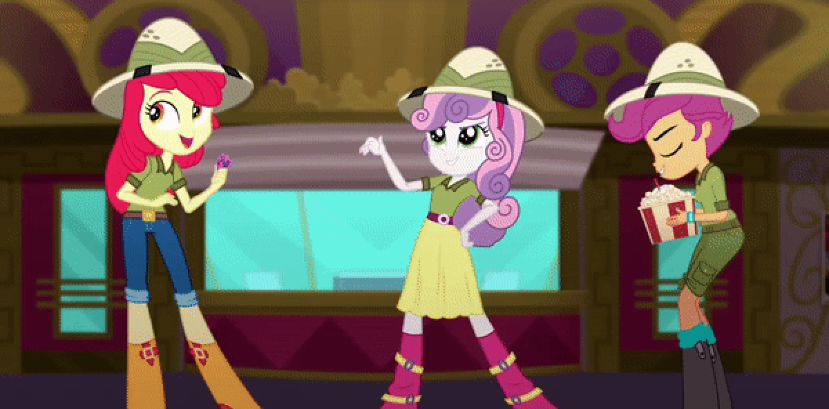 Size: 1200x592 | Tagged: safe, screencap, character:apple bloom, character:scootaloo, character:sweetie belle, species:pegasus, species:pony, episode:the canterlot movie club, eqg summertime shorts, g4, my little pony:equestria girls, animated, boots, cinema, clothing, cutie mark crusaders, gif, hat, jeans, looking at something, pants, pointing, running, shirt, shoes, shorts, skirt, smiling