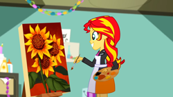 Size: 1280x720 | Tagged: safe, screencap, character:sunset shimmer, episode:the art of friendship, eqg summertime shorts, g4, my little pony:equestria girls, flower, grin, happy, paint, painting, smiling, sunflower, sunset's painting