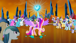 Size: 1280x720 | Tagged: safe, screencap, character:bright smile, character:crystal arrow, character:fleur de verre, character:ivory, character:ivory rook, character:paradise (g4), character:princess cadance, character:sapphire joy, character:spike, species:alicorn, species:crystal pony, species:pony, episode:the crystal empire, g4, my little pony: friendship is magic, amber waves, cinnabar, colored wings, crystal empire, crystal heart, dark crystal, depressed, female, glowing horn, golden hooves, gradient wings, levitation, magic, magic aura, male, mare, quicksilver, spread wings, stallion, telekinesis, wings