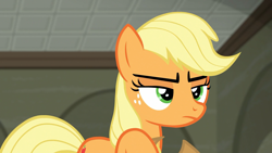 Size: 1920x1080 | Tagged: safe, screencap, character:applejack, species:earth pony, species:pony, episode:the saddle row review, g4, my little pony: friendship is magic, bedroom eyes, cowgirl, freckles, green eyes, solo