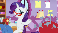 Size: 1920x1080 | Tagged: safe, screencap, character:rarity, episode:dragon dropped, g4, my little pony: friendship is magic, glasses, pincushion, rarity's glasses, sewing machine, solo