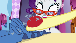 Size: 1920x1080 | Tagged: safe, screencap, character:fluttershy, character:rarity, episode:dragon dropped, g4, my little pony: friendship is magic, glasses, pincushion, rarity's glasses, sewing machine