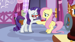 Size: 1920x1080 | Tagged: safe, screencap, character:fluttershy, character:rarity, episode:dragon dropped, g4, my little pony: friendship is magic, glasses, pincushion, rarity's glasses, sewing machine