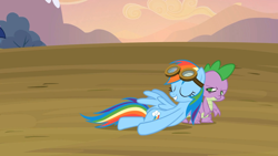 Size: 1920x1080 | Tagged: safe, screencap, character:rainbow dash, character:spike, species:dragon, species:pegasus, species:pony, episode:hurricane fluttershy, g4, my little pony: friendship is magic, eyes closed, goggles, grin, smiling, spike is not amused, unamused