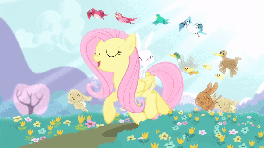 Size: 854x480 | Tagged: safe, screencap, character:angel bunny, character:fluttershy, species:bird, species:duck, species:pegasus, species:pony, species:rabbit, episode:filli vanilli, g4, my little pony: friendship is magic, animal, animated, blue jay, chickadee (bird), cute, eyes closed, flower, flower in hair, grass, happy, hill, house finch, lighting, mountain, op, purple martin, shyabetes, singing, solo, sun, trotting