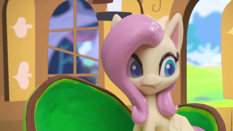 Size: 800x450 | Tagged: safe, screencap, character:applejack, character:fluttershy, species:earth pony, species:pegasus, species:pony, g4.5, my little pony: stop motion short, my little pony:pony life, animated, applejack's hat, chair, clenched teeth, clothing, cowboy hat, creepy, creepy smile, fluttershy's cottage, fluttershy's hiccups, gif, hat, scared, smiling, stop motion, worried