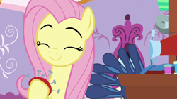Size: 1920x1080 | Tagged: safe, screencap, character:fluttershy, episode:dragon dropped, g4, my little pony: friendship is magic, cute, pincushion, sewing machine, shyabetes, smiling, solo