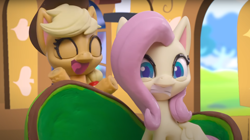 Size: 1680x938 | Tagged: safe, screencap, character:applejack, character:fluttershy, species:earth pony, species:pegasus, species:pony, g4.5, my little pony: stop motion short, my little pony:pony life, fluttershy's cottage (interior), fluttershy's hiccups, stop motion