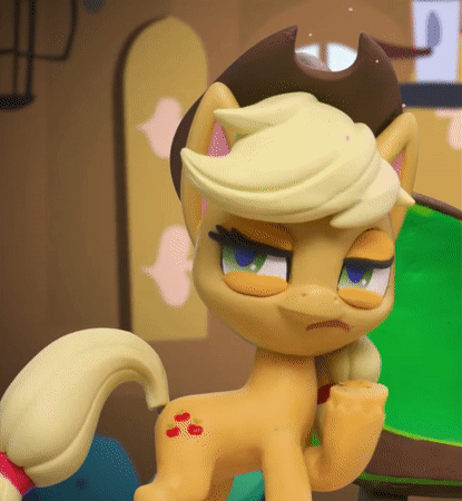 Size: 415x450 | Tagged: safe, screencap, character:applejack, species:earth pony, species:pony, g4.5, my little pony: stop motion short, my little pony:pony life, animated, applejack's hat, clothing, cowboy hat, cropped, fluttershy's cottage (interior), fluttershy's hiccups, gif, hat, mischevious, narrowed eyes, plotting, smiling, sneaky, solo, stop motion, thinking