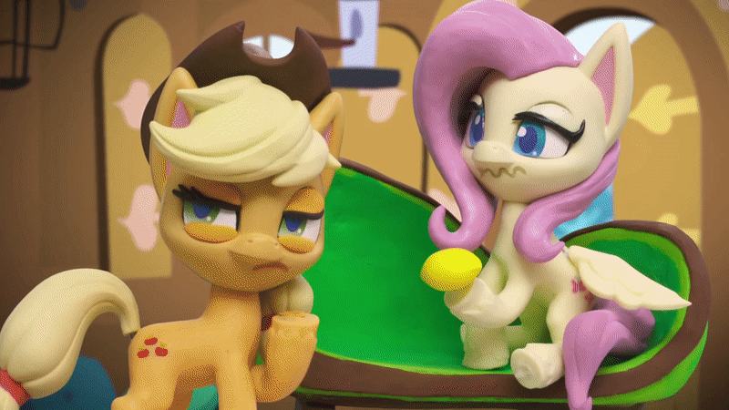 Size: 800x450 | Tagged: safe, screencap, character:applejack, character:fluttershy, species:earth pony, species:pegasus, species:pony, g4.5, my little pony: stop motion short, my little pony:pony life, animated, applejack's hat, bird feeder, boo, cage, chair, clenched teeth, clothing, cowboy hat, creepy, creepy smile, fluttershy's cottage (interior), fluttershy's hiccups, food, fruit, hat, hiding, jump scare, lemon, looking around, plotting, scare, scared, smiling, sneaky, stairs, window, wings