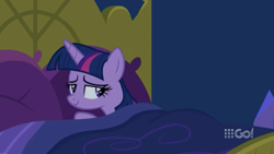 Size: 2208x1242 | Tagged: safe, screencap, character:twilight sparkle, character:twilight sparkle (alicorn), species:alicorn, species:pony, episode:cakes for the memories, bed, bedroom, bedroom eyes, solo