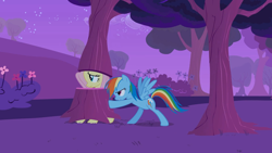 Size: 1920x1080 | Tagged: safe, screencap, character:fluttershy, character:rainbow dash, species:pegasus, species:pony, episode:hurricane fluttershy, g4, my little pony: friendship is magic, costume, disguise, female, fluttertree, mare, multicolored hair, nervous, night, pushing, rainbow dash is not amused, reluctant, spread wings, tree, tree costume, unamused, wings
