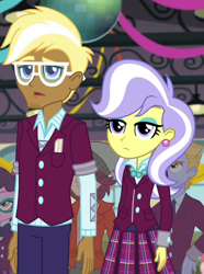 Size: 528x708 | Tagged: safe, screencap, character:normal norman, character:trenderhoof, character:upper crust, equestria girls:friendship games, g4, my little pony:equestria girls, clothing, comb, cropped, crystal prep academy uniform, decoration, disco ball, ear piercing, earring, facial hair, female, glasses, goatee, gym, jewelry, lemonade blues, male, necklace, piercing, plaid skirt, pleated skirt, school uniform, skirt, varsity trim