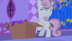Size: 1280x720 | Tagged: safe, screencap, character:sweetie belle, species:pony, species:unicorn, episode:for whom the sweetie belle toils, bipedal, box, evil planning in progress, eyes closed, female, filly, foal, lights out, night, oh no she didn't, pulling, rarity's bedroom, revenge, sabotage, sin of envy, solo, thread, wardrobe
