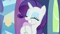 Size: 1920x1080 | Tagged: safe, screencap, character:rarity, episode:dragon dropped, g4, my little pony: friendship is magic, eyes closed, grin, hooves together, smiling, solo