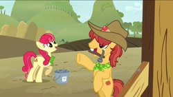 Size: 1136x640 | Tagged: safe, screencap, character:apple bumpkin, character:half baked apple, species:earth pony, species:pony, episode:apple family reunion, g4, my little pony: friendship is magic, apple family member, background pony, bandana, bucktooth, clothing, cowboy hat, duo, female, hammer, hat, male, mare, mouth hold, nails, neckerchief, stallion