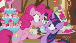 Size: 1434x810 | Tagged: safe, screencap, character:pinkie pie, character:twilight sparkle, character:twilight sparkle (alicorn), species:alicorn, species:pony, cake, food, stare