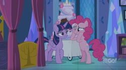 Size: 1438x808 | Tagged: safe, screencap, character:pinkie pie, character:twilight sparkle, character:twilight sparkle (alicorn), species:alicorn, species:earth pony, species:pony, episode:cakes for the memories, 9go, bed, bedroom eyes, bipedal, cake, crying, female, food, mare, tears of joy