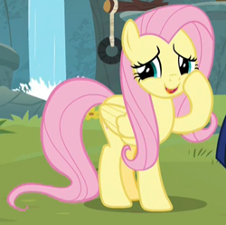 Size: 381x378 | Tagged: safe, screencap, character:fluttershy, species:pegasus, species:pony, episode:memnagerie, cropped, cute, female, folded wings, hoof on cheek, looking sideways, mare, raised hoof, shyabetes, smiling, solo, talking, waterfall