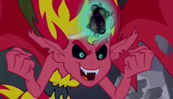 Size: 1262x720 | Tagged: safe, screencap, character:sunset satan, character:sunset shimmer, equestria girls:equestria girls, g4, my little pony:equestria girls, big crown thingy, demon, element of magic, evil grin, evil magic, grin, jewelry, regalia, smiling, sunset satan