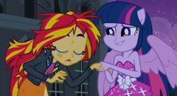 Size: 1014x550 | Tagged: safe, screencap, character:sunset shimmer, character:twilight sparkle, character:twilight sparkle (alicorn), species:alicorn, species:pony, equestria girls:equestria girls, g4, my little pony:equestria girls, animation error, bare shoulders, clothing, crying, dress, fall formal outfits, help, lip bite, ponied up, sleeveless, strapless